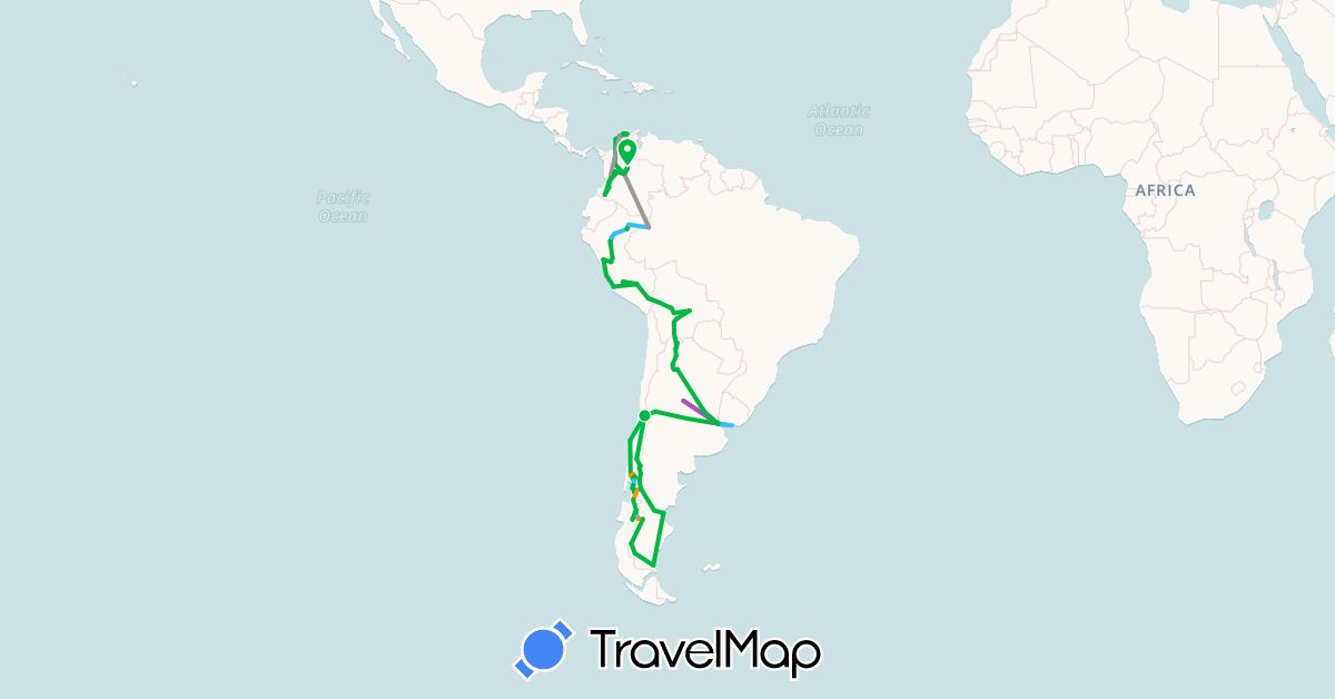 TravelMap itinerary: bus, plane, train, boat, hitchhiking in Argentina, Bolivia, Chile, Colombia, Peru, Uruguay (South America)